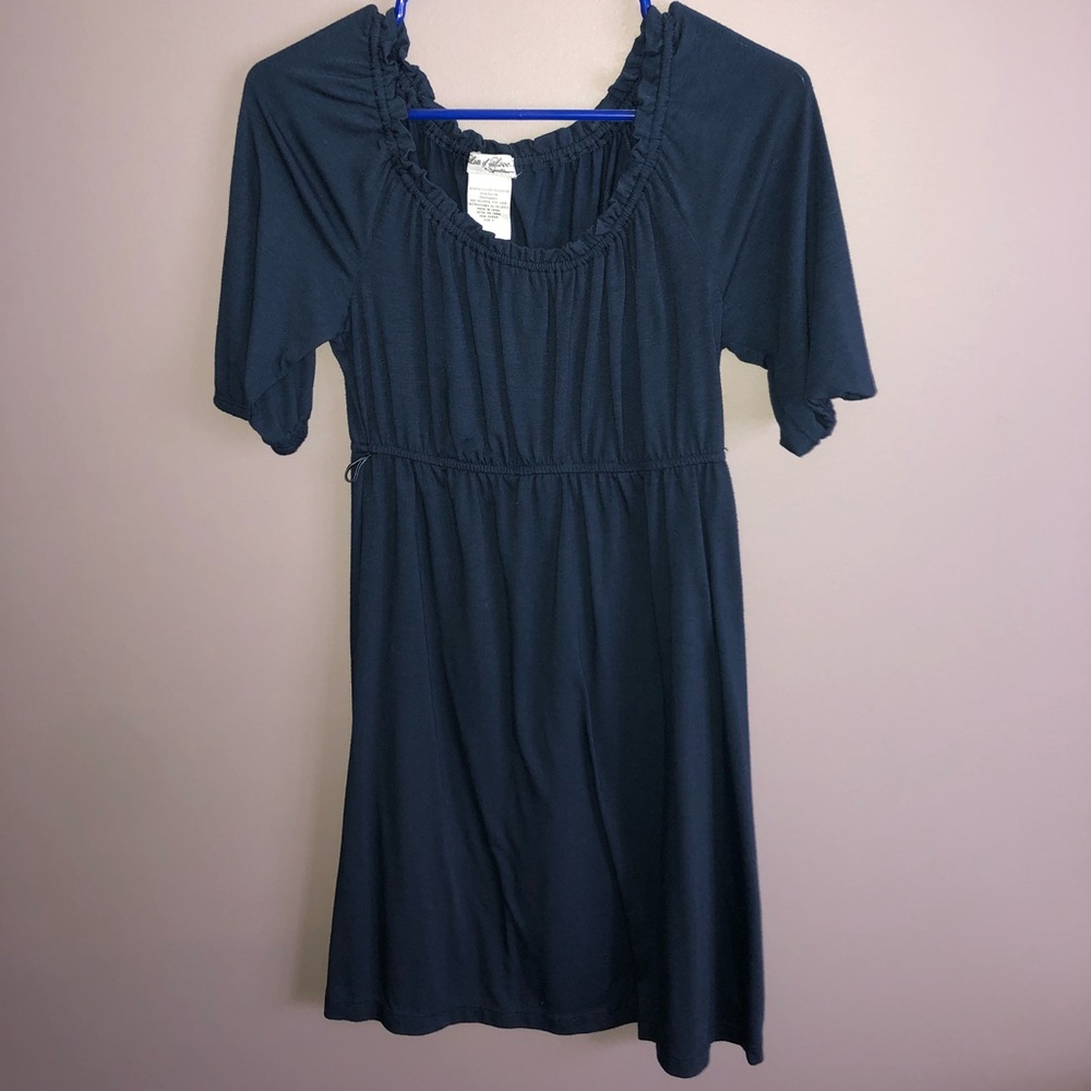 Off the shoulder or scoopneck navy dress